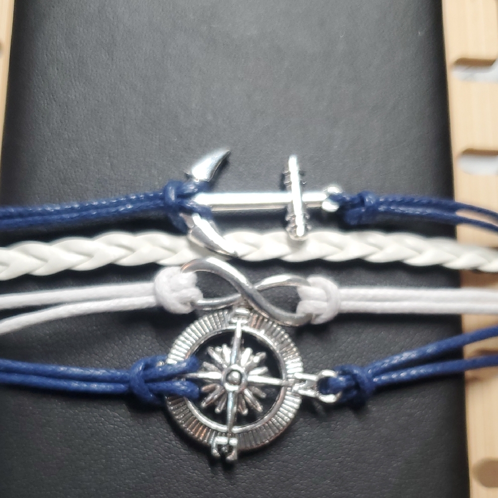 Blue and White Nautical Cord Bracelets with Silver Charms